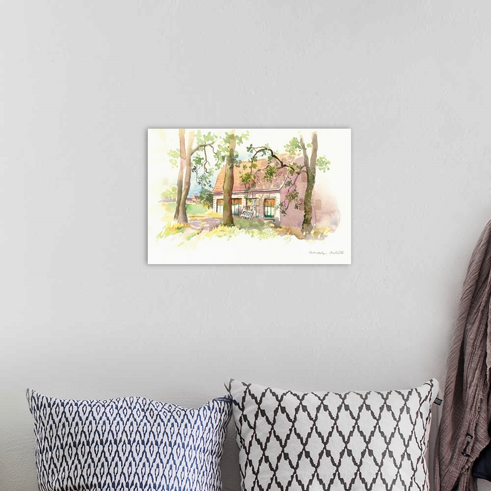 A bohemian room featuring Contemporary watercolor painting of a faded red barn with trees in front.