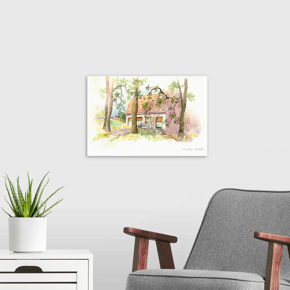 A modern room featuring Contemporary watercolor painting of a faded red barn with trees in front.