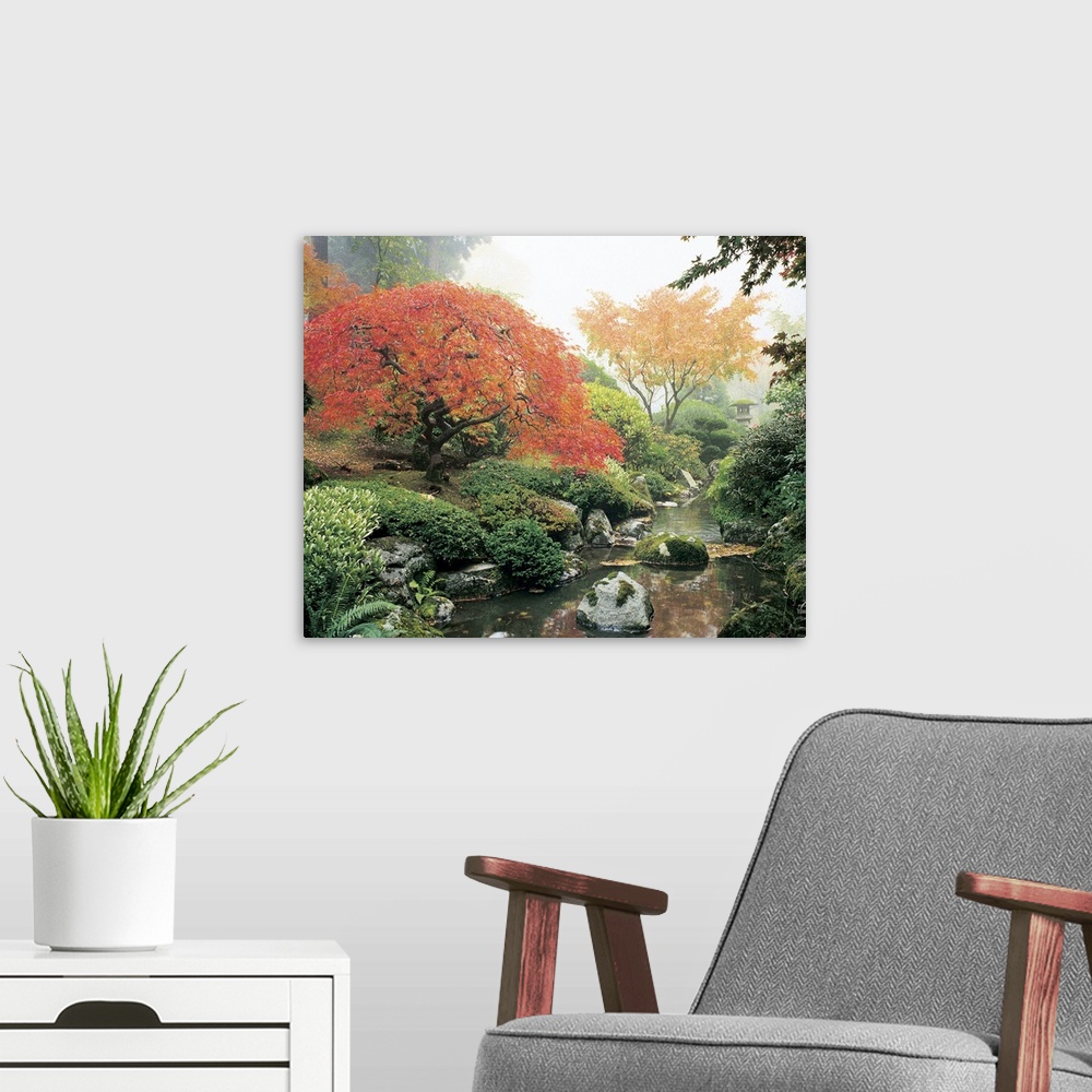 A modern room featuring Oversized, landscape photograph of a rocky stream surrounded by greenery and fall colored trees a...