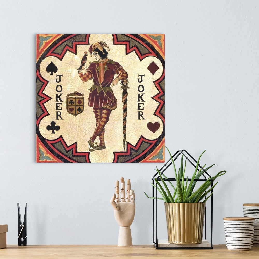 A bohemian room featuring Square vintage illustration of a Joker inside a circular design with a heart, spade, clover, and ...