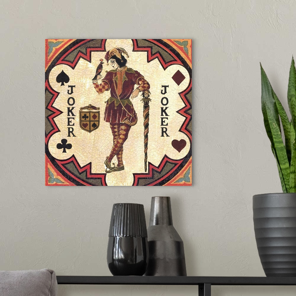 A modern room featuring Square vintage illustration of a Joker inside a circular design with a heart, spade, clover, and ...