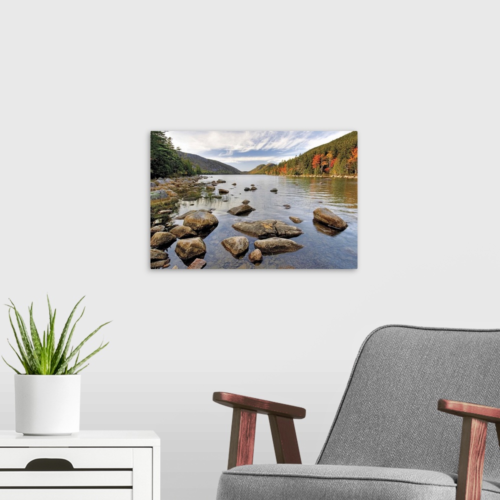 A modern room featuring Boulders with North and South Bubble Mountain, Jordan Pond, Acadia National Park, Maine