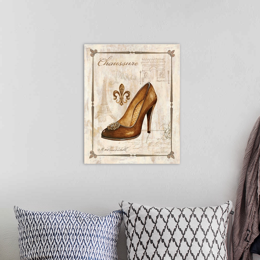 A bohemian room featuring Gold and tan antique illustration of a gold high heel shoe with French writing and illustrations ...