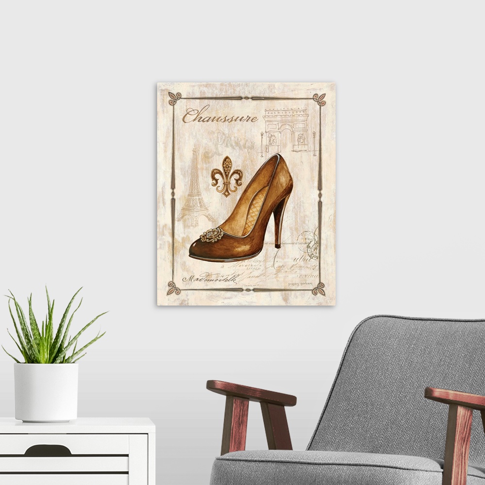 A modern room featuring Gold and tan antique illustration of a gold high heel shoe with French writing and illustrations ...