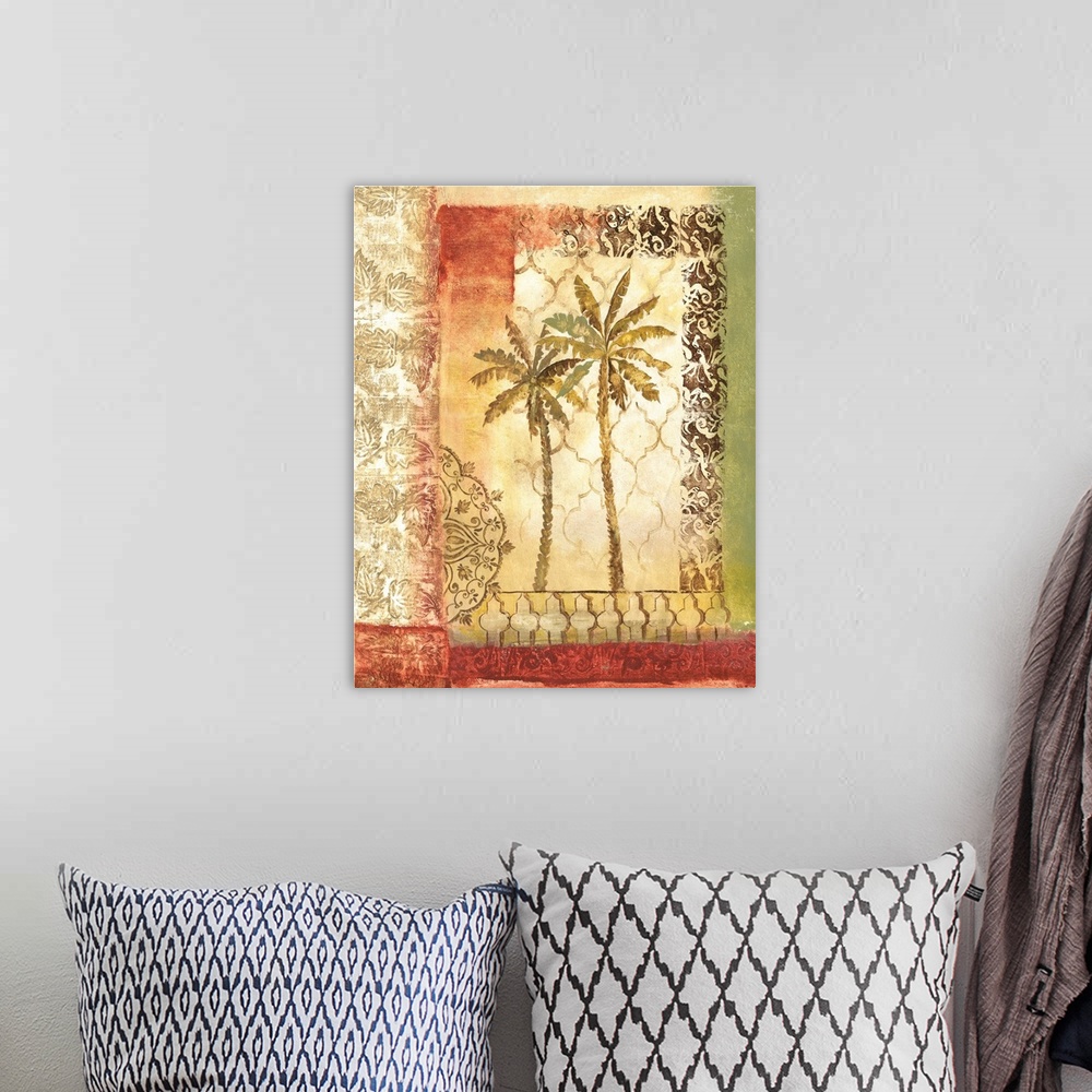 A bohemian room featuring Decorative painting with two palm trees and brown designs on a green, tan, yellow, and red backgr...