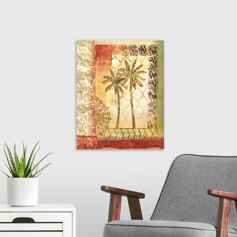 A modern room featuring Decorative painting with two palm trees and brown designs on a green, tan, yellow, and red backgr...