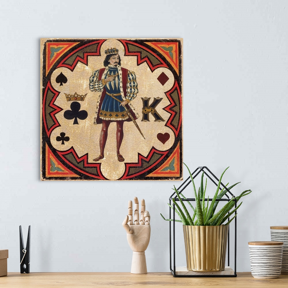 A bohemian room featuring Square vintage illustration of a King inside a circular design with a heart, spade, clover, and d...