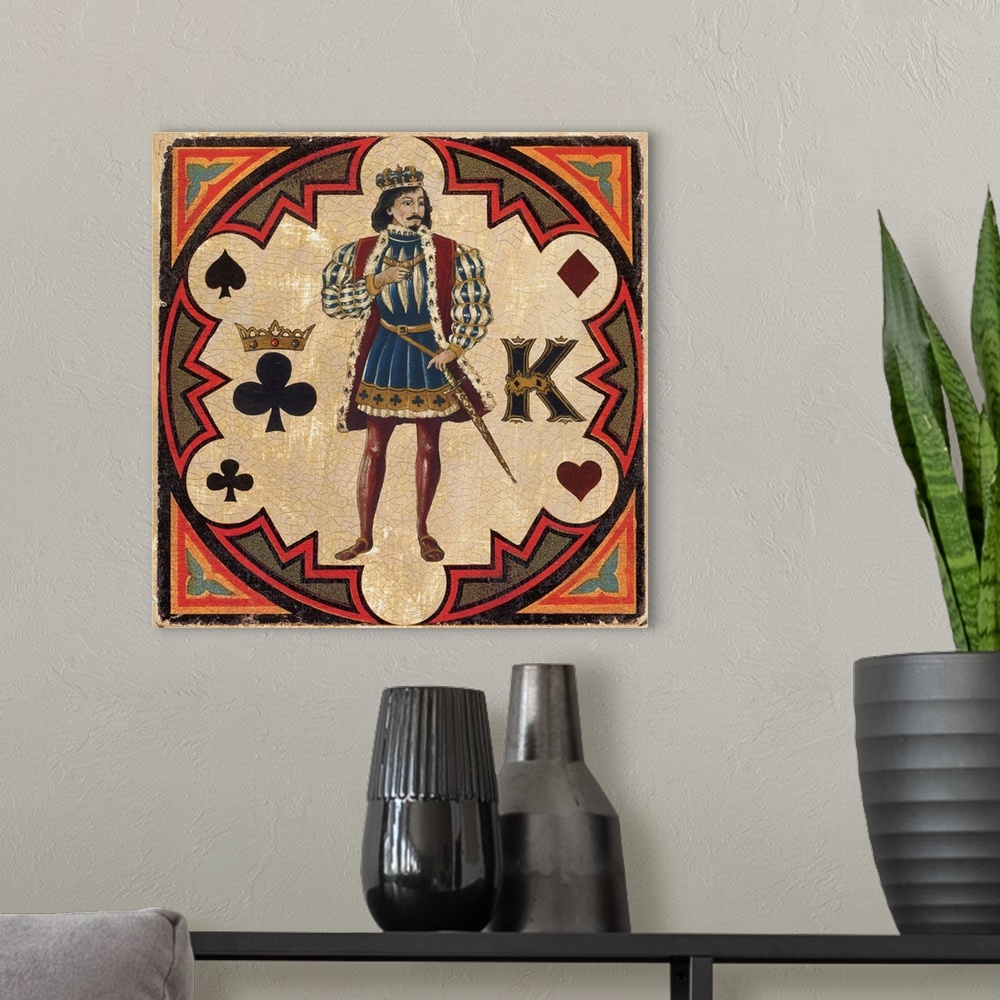 A modern room featuring Square vintage illustration of a King inside a circular design with a heart, spade, clover, and d...
