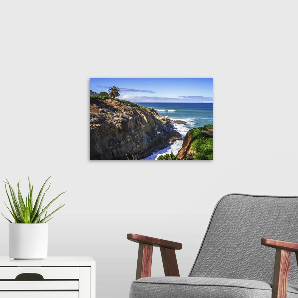 A modern room featuring Landscape photograph of the hilly seashore in La Jolla, California.
