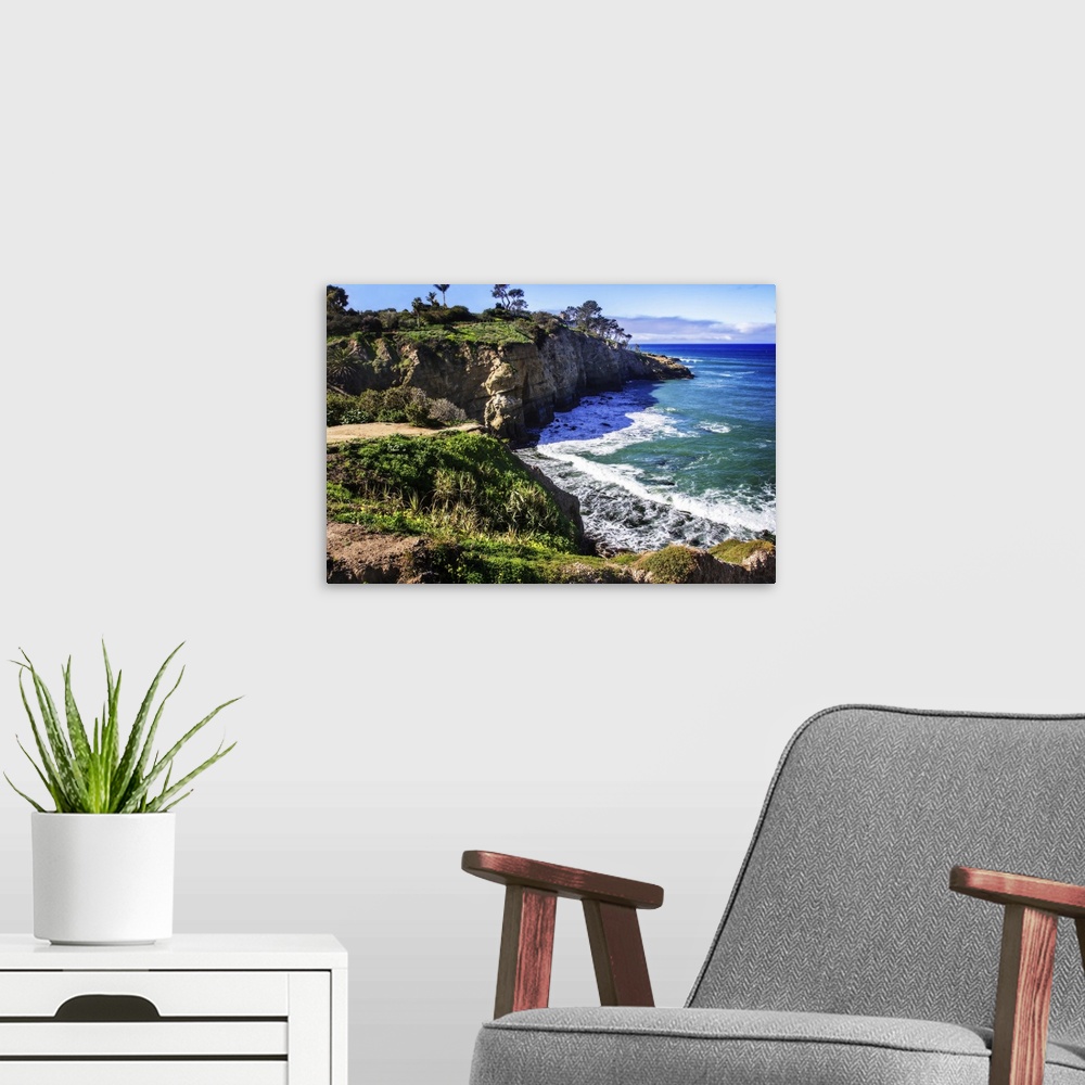 A modern room featuring Landscape photograph of the cliffs on the coast line in La Jolla, California.