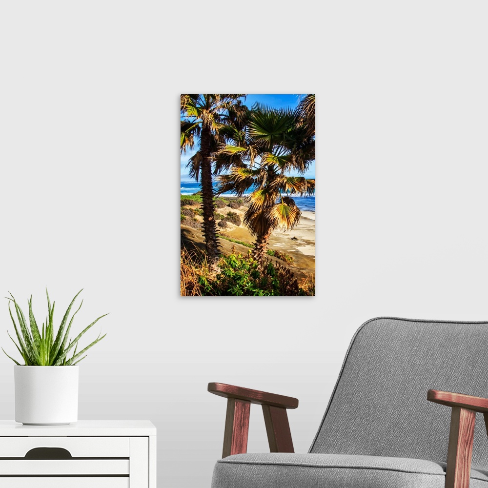 A modern room featuring Photograph of two palm trees on the shore with the ocean in the background in La Jolla, California.