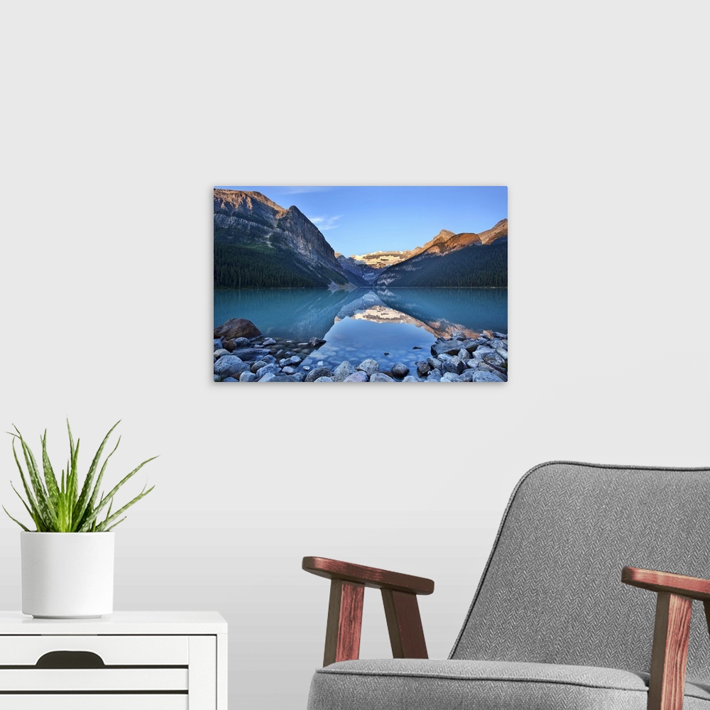 A modern room featuring Early morning with rocky foreground on Lake Louise in Banff National Park