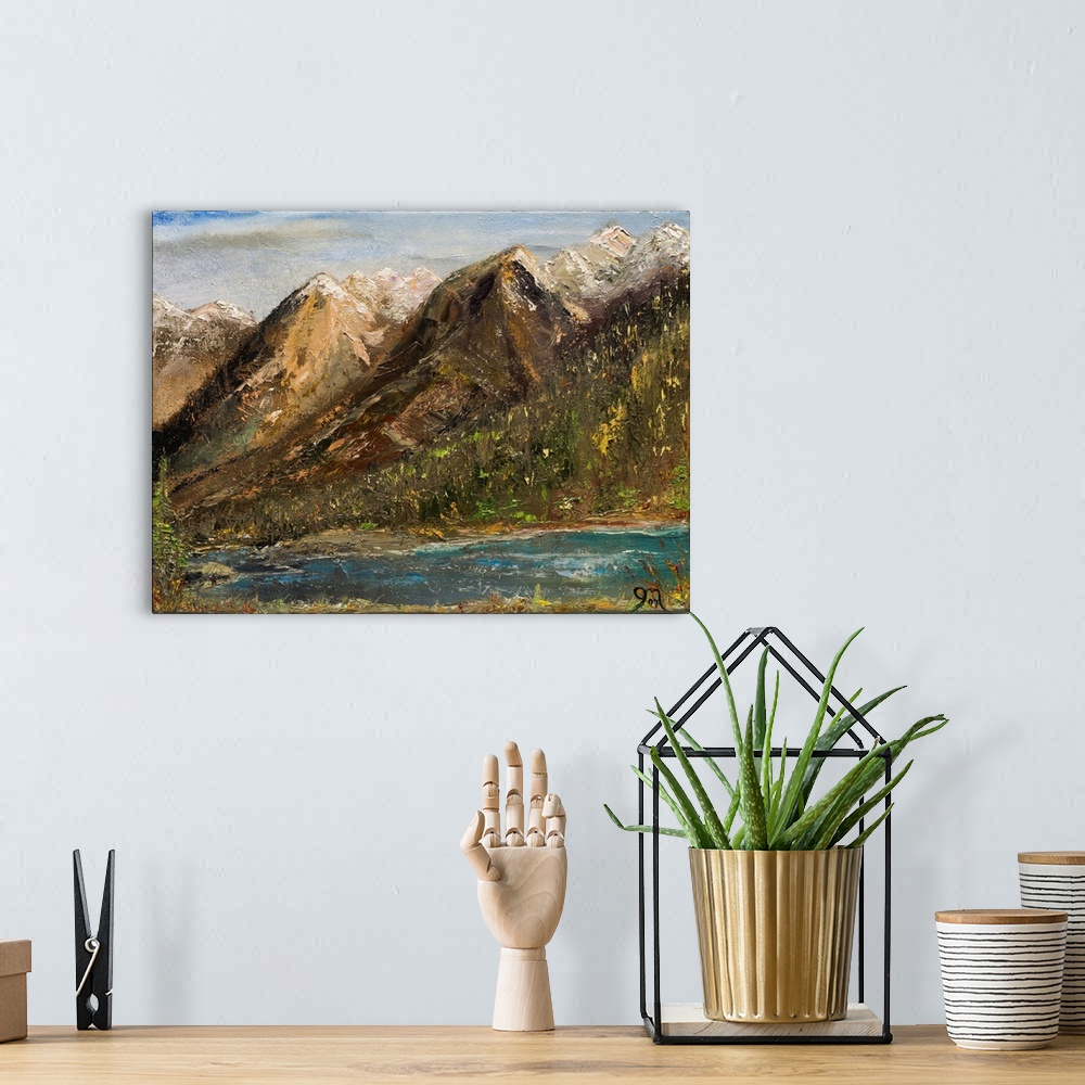 A bohemian room featuring Contemporary painting of Lake McDonald with a mountainous landscape in the background, Montana.
