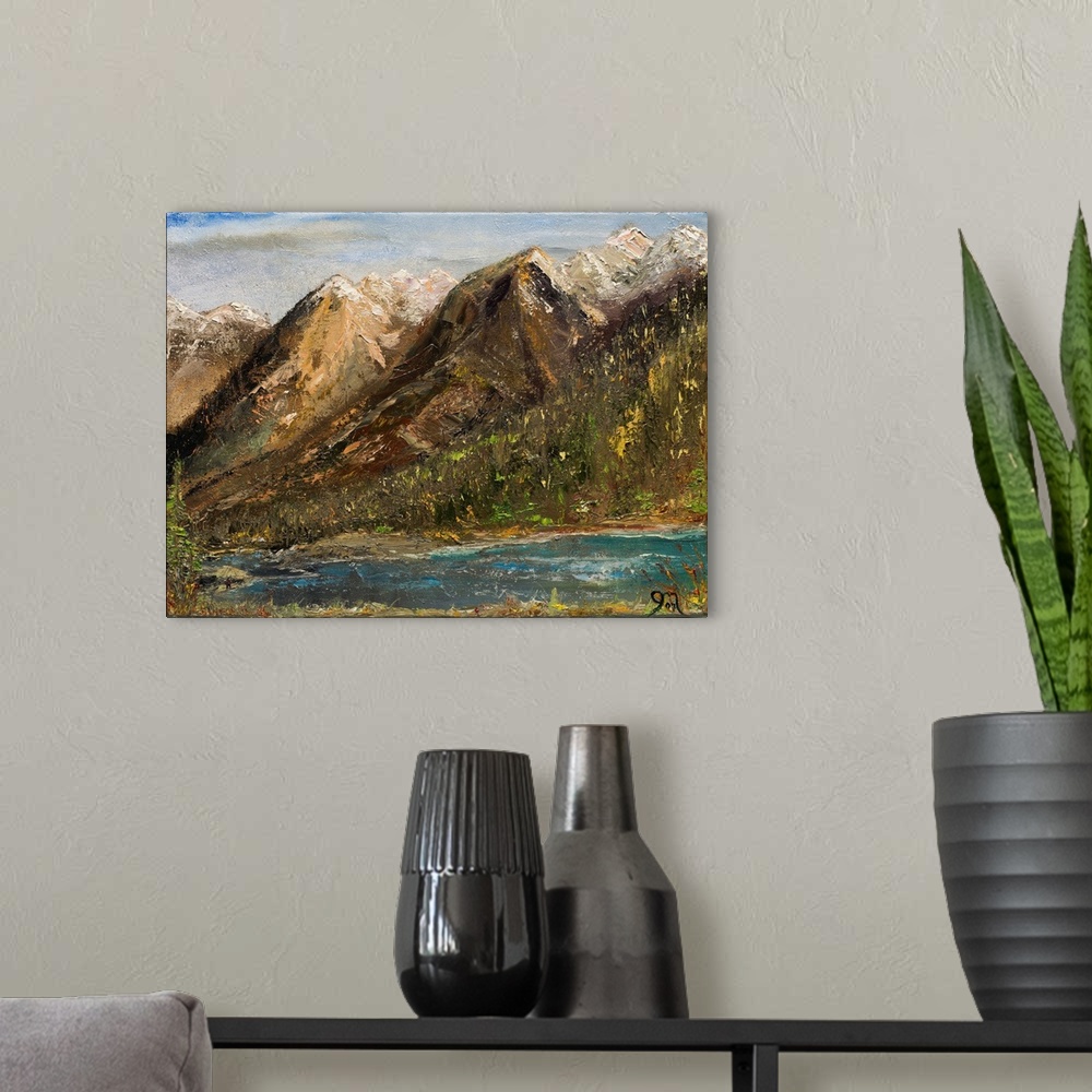 A modern room featuring Contemporary painting of Lake McDonald with a mountainous landscape in the background, Montana.