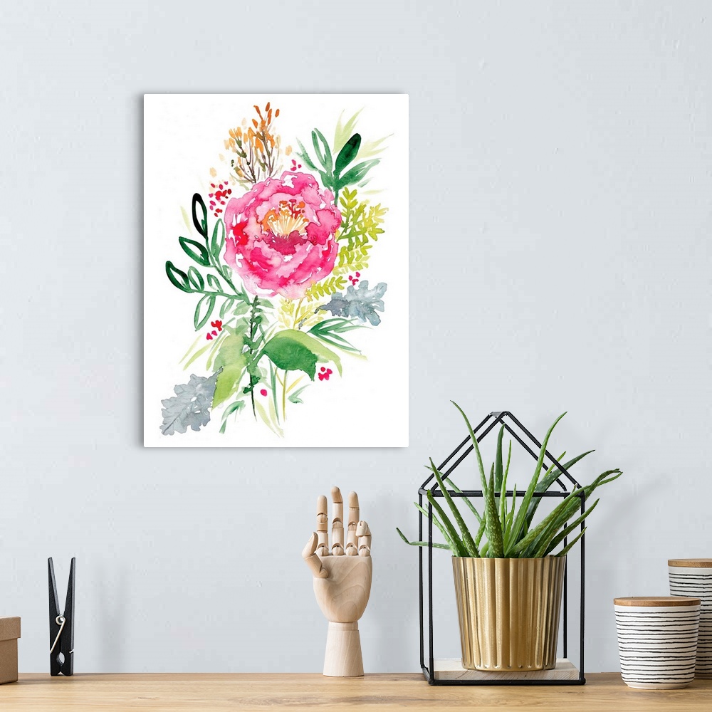 A bohemian room featuring Watercolor painting of a large pink rose with green leaves.