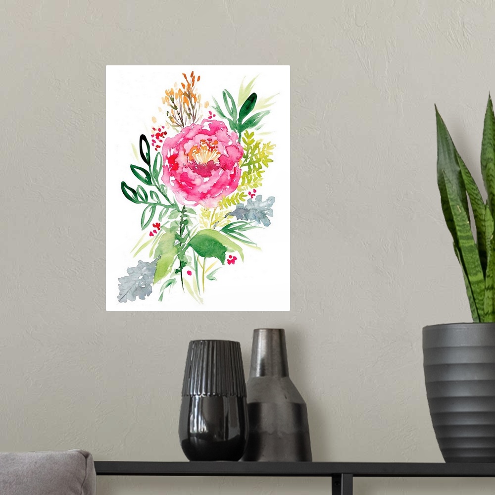 A modern room featuring Watercolor painting of a large pink rose with green leaves.