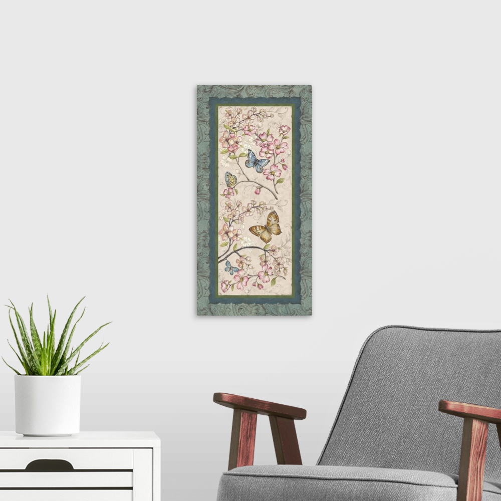 A modern room featuring Decorative panel painting of cherry blossom flowers and butterflies with decorative blue and gree...