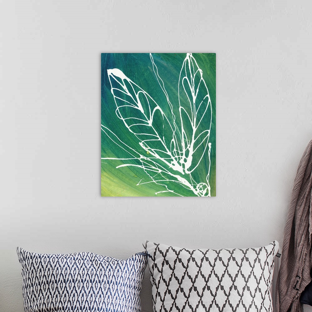 A bohemian room featuring Contemporary artwork of leaf shapes drawn in white paint over green tones.