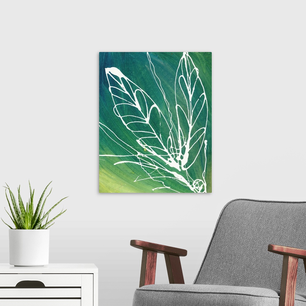 A modern room featuring Contemporary artwork of leaf shapes drawn in white paint over green tones.