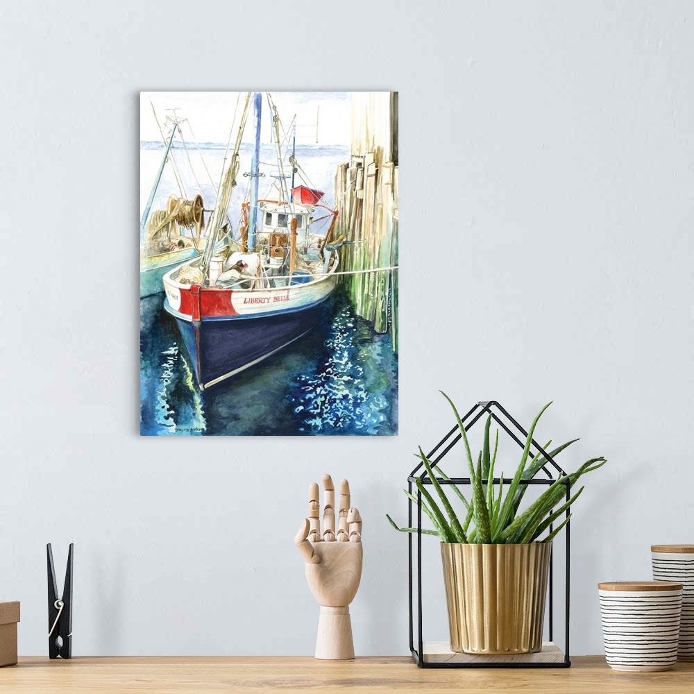 A bohemian room featuring Contemporary watercolor painting of a fishing boat named the "Liberty Bell" tying up to the dock.