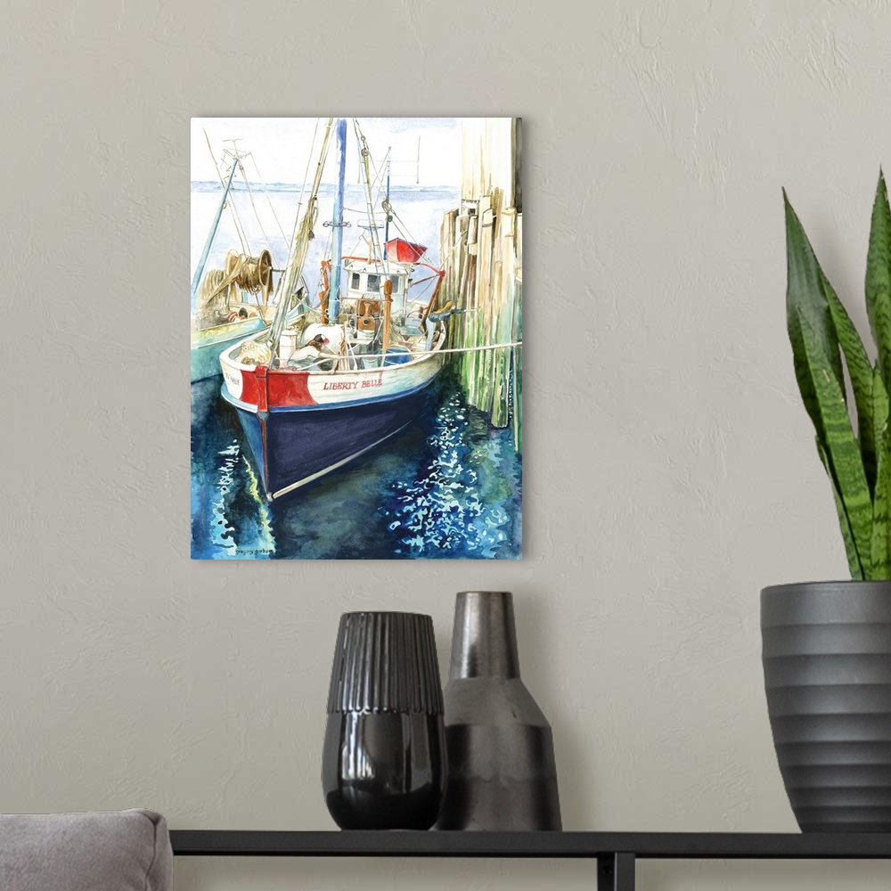 A modern room featuring Contemporary watercolor painting of a fishing boat named the "Liberty Bell" tying up to the dock.