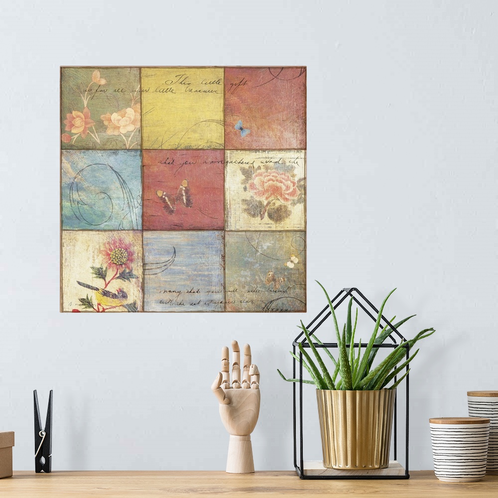 A bohemian room featuring Mixed media artwork with nine squares arranged in a  3x3 grid pattern.   Each square has a floral...