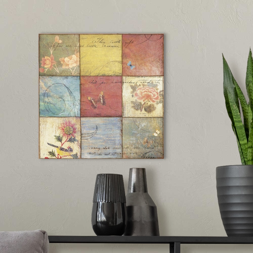 A modern room featuring Mixed media artwork with nine squares arranged in a  3x3 grid pattern.   Each square has a floral...