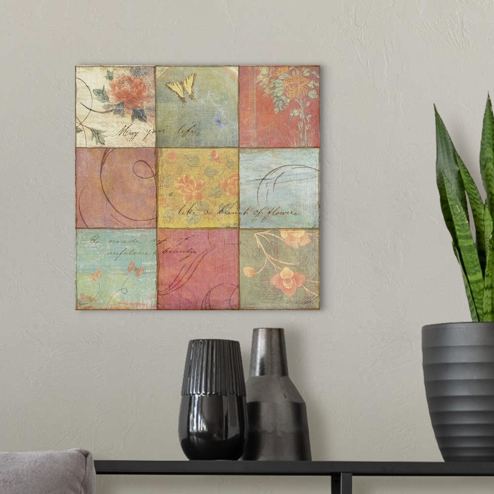 A modern room featuring Wall docor featuring a nine panel grid of bright colors with flowers, butterflies and swirls with...