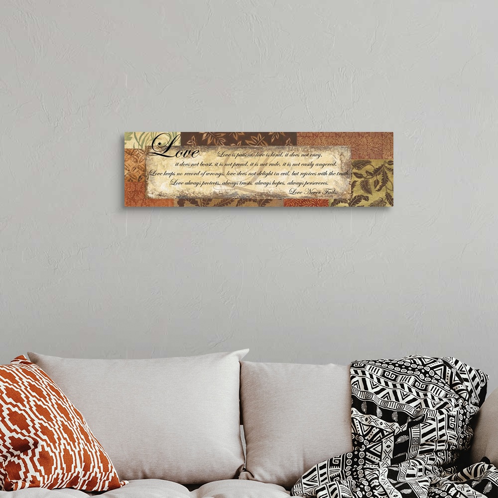 A bohemian room featuring Neutral artwork of an inspirational quote.