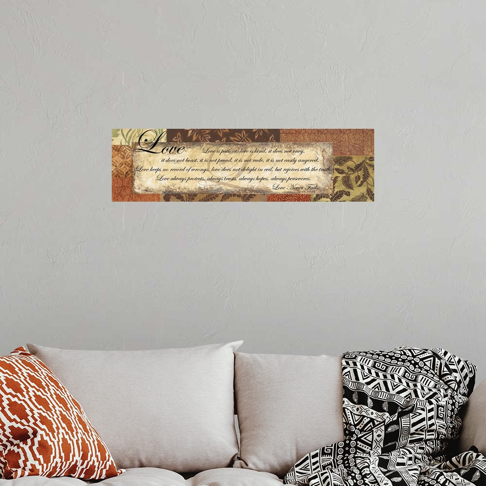 A bohemian room featuring Neutral artwork of an inspirational quote.