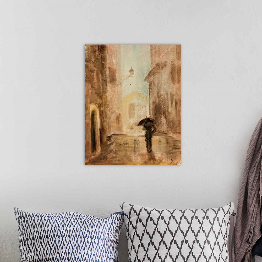 A bohemian room featuring Contemporary painting of a person walking through a neutral colored Italian village with a black ...