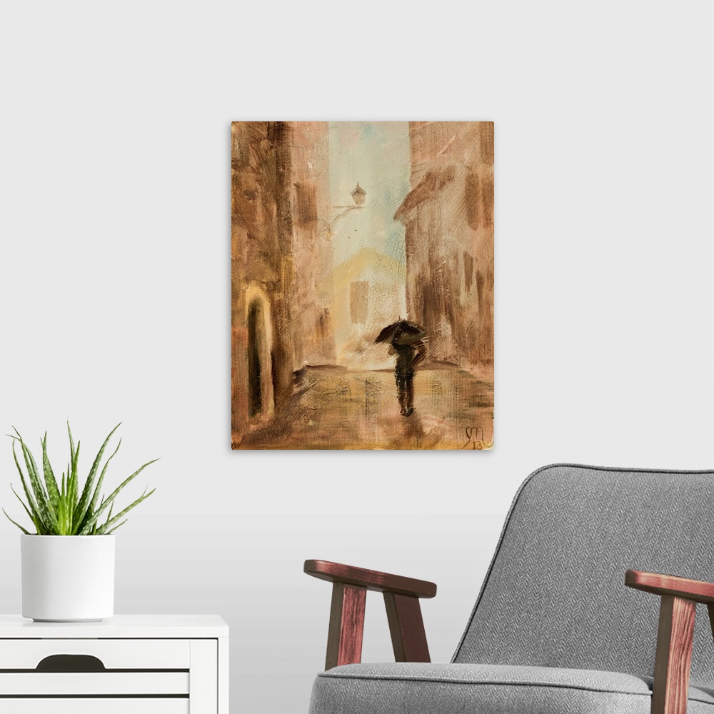 A modern room featuring Contemporary painting of a person walking through a neutral colored Italian village with a black ...