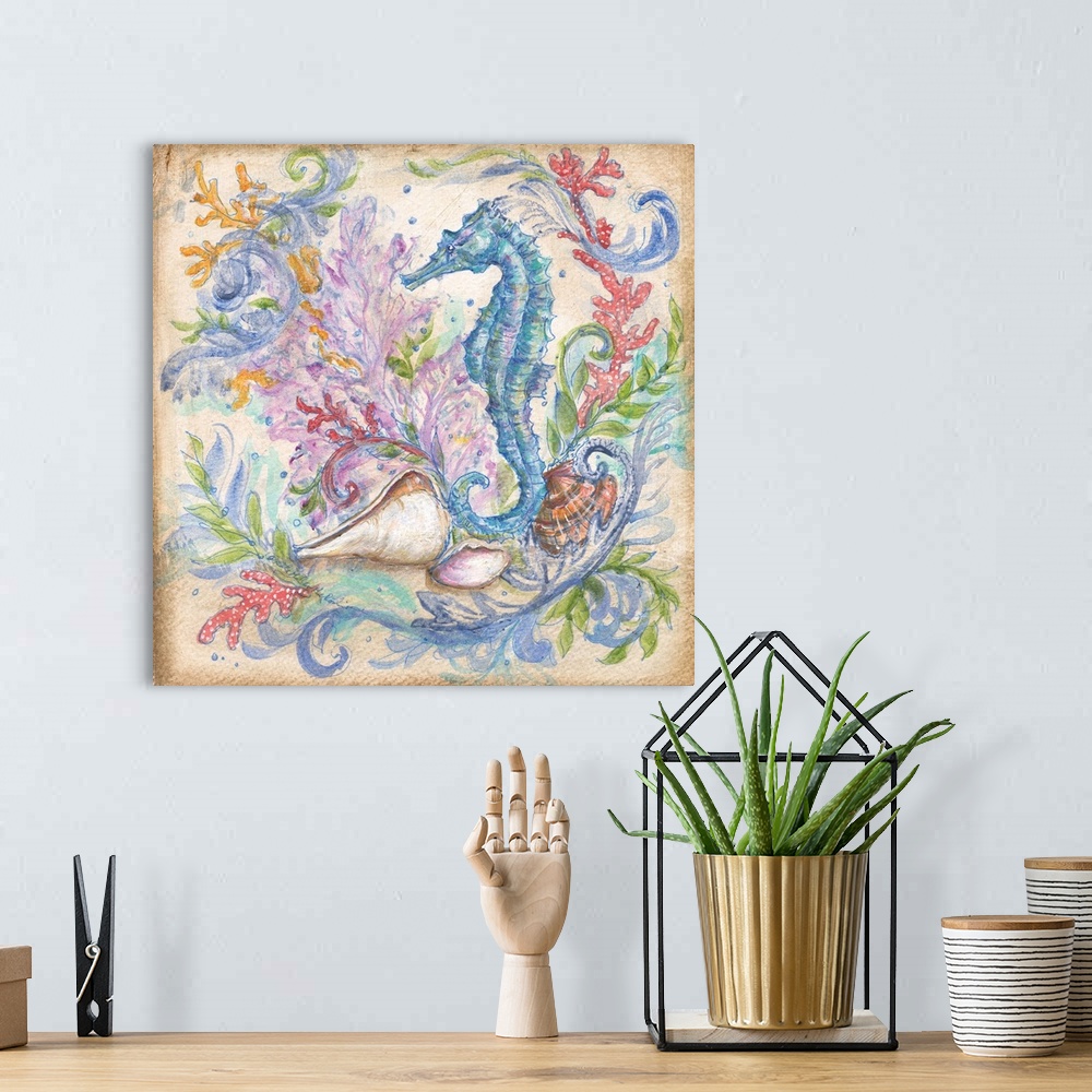 A bohemian room featuring Square beach themed painting of a blue seahorse surrounded by seashells, seaweed, and coral on a ...