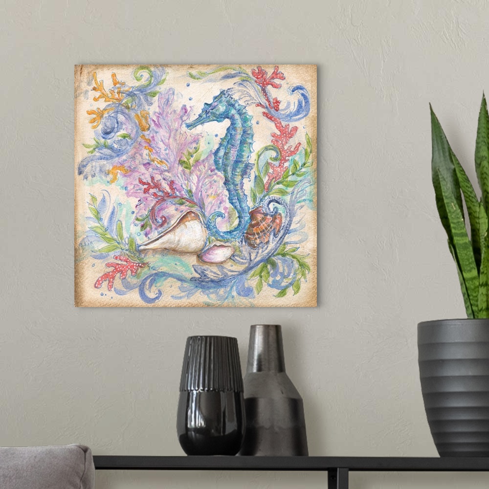 A modern room featuring Square beach themed painting of a blue seahorse surrounded by seashells, seaweed, and coral on a ...