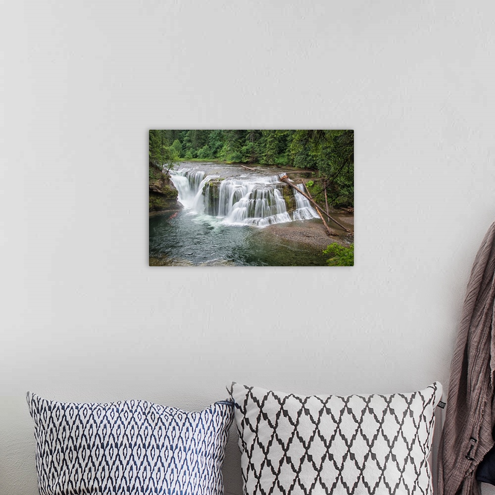A bohemian room featuring Long exposure photograph of the lower waterfall at Lewis River Falls, Washington.