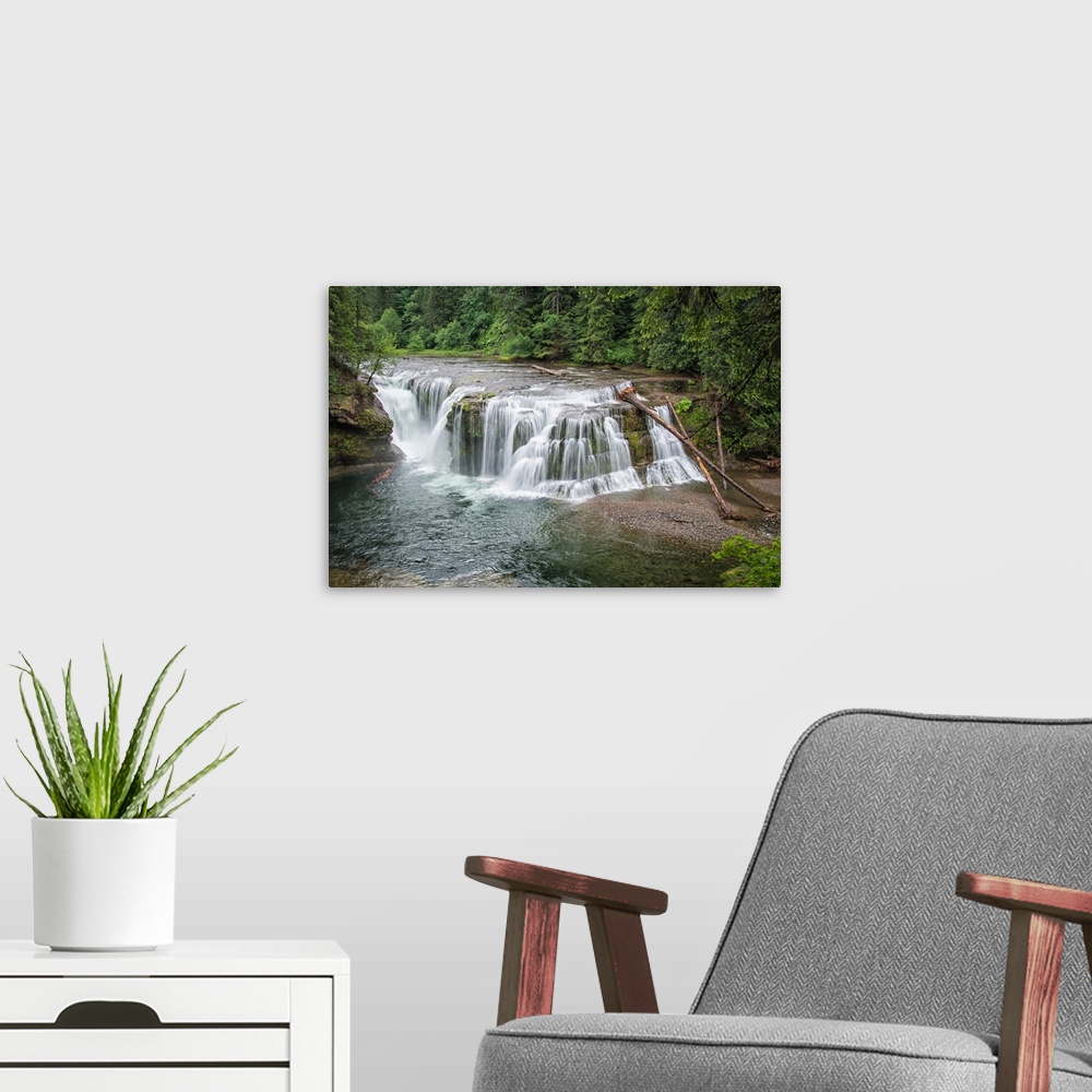 A modern room featuring Long exposure photograph of the lower waterfall at Lewis River Falls, Washington.