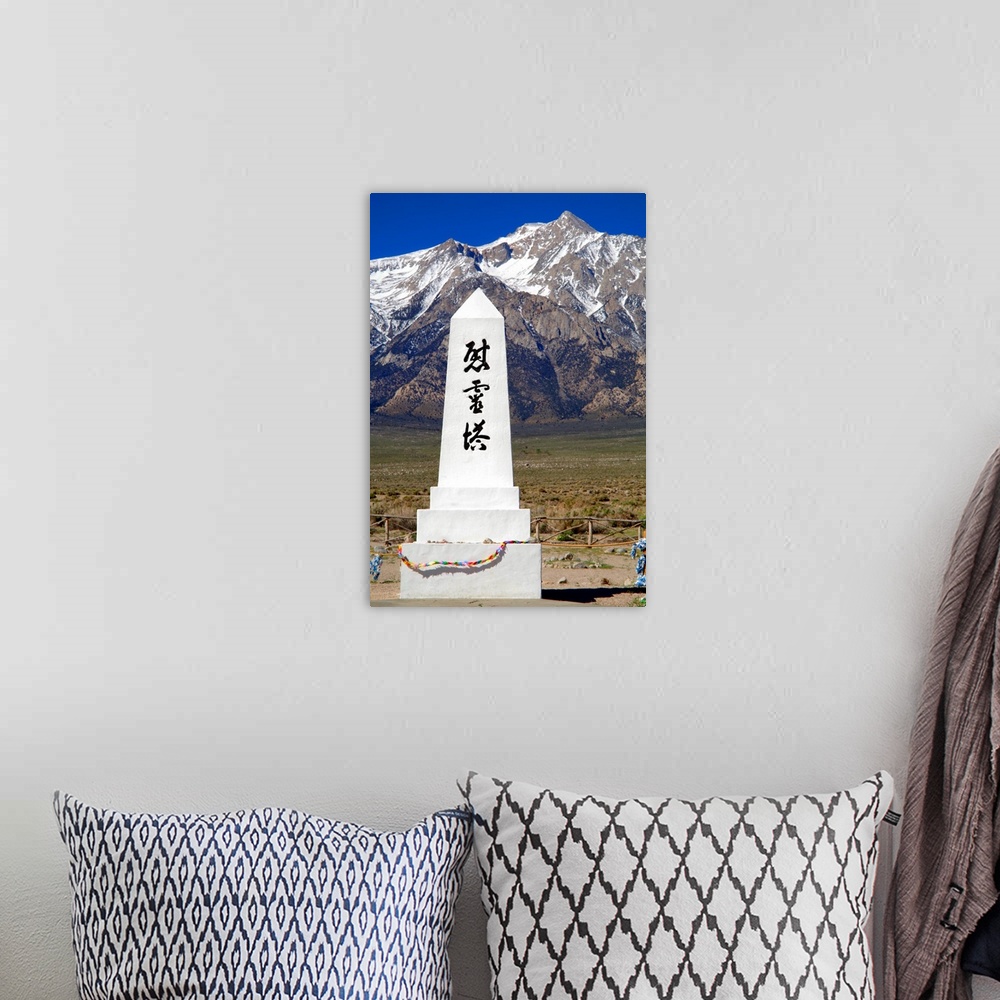 A bohemian room featuring Photograph of the Manzanar Remembrance monument with the Sierra Nevadas in the background.