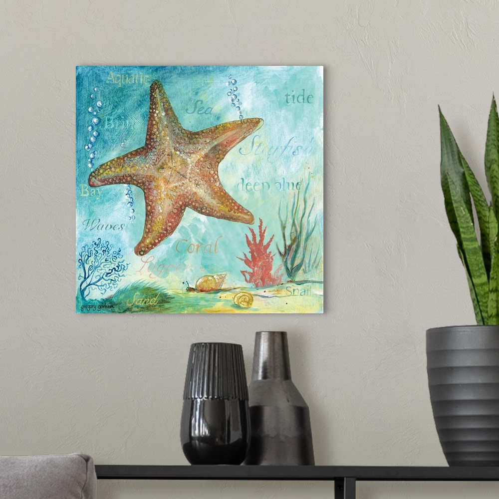 A modern room featuring Square painting of a starfish surrounded by marine life and words.