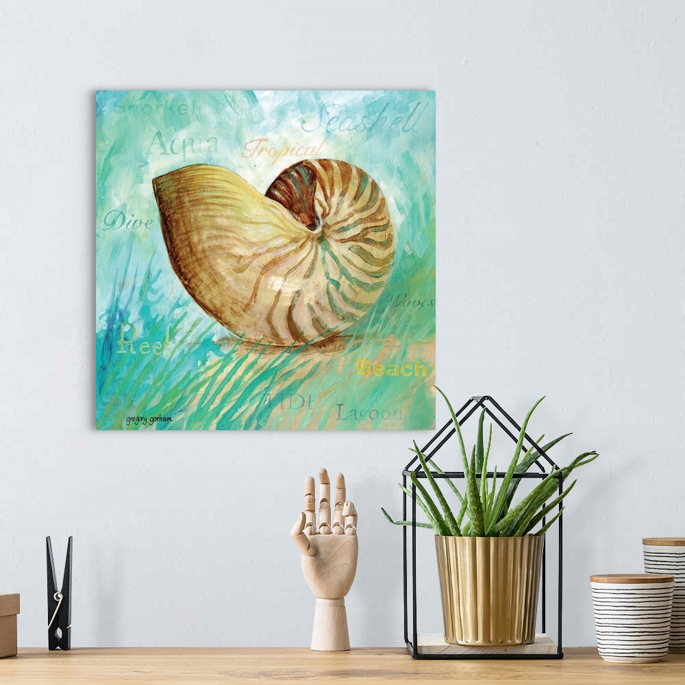 A bohemian room featuring Square painting of a seashell surrounded by marine life and words.