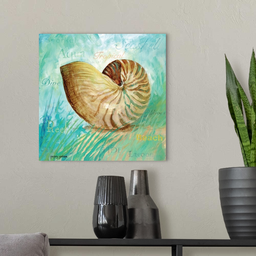 A modern room featuring Square painting of a seashell surrounded by marine life and words.