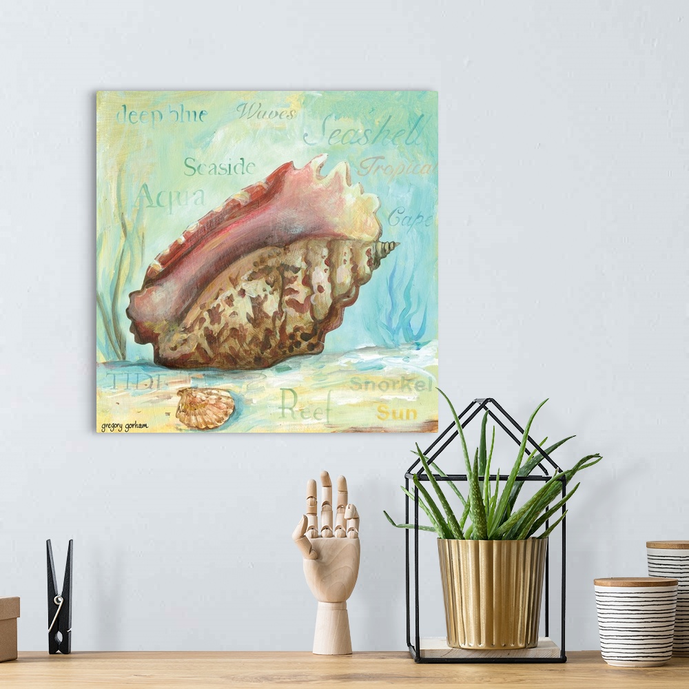 A bohemian room featuring Square painting of a seashell surrounded by marine life and words.