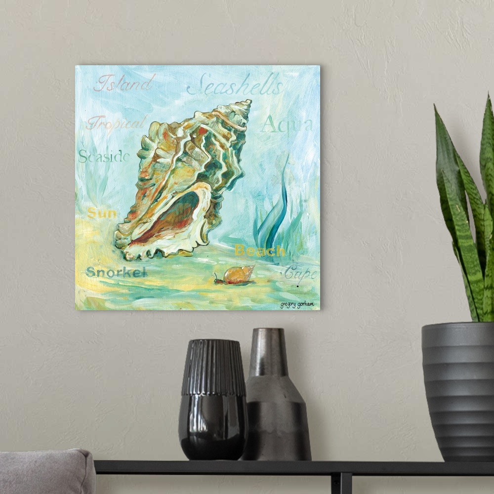 A modern room featuring Square painting of a seashell surrounded by marine life and words.