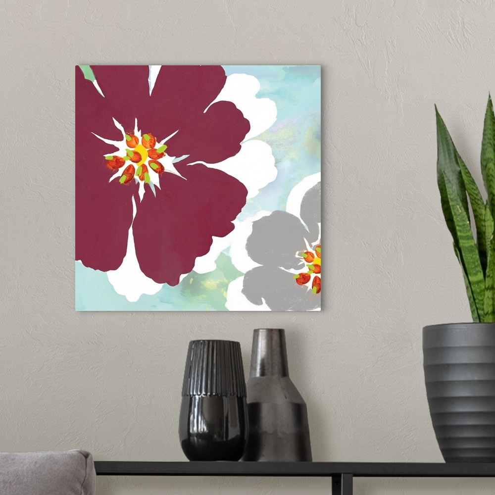 A modern room featuring Square painting of a large marsala colored flower and a smaller grey flower with white shadows on...