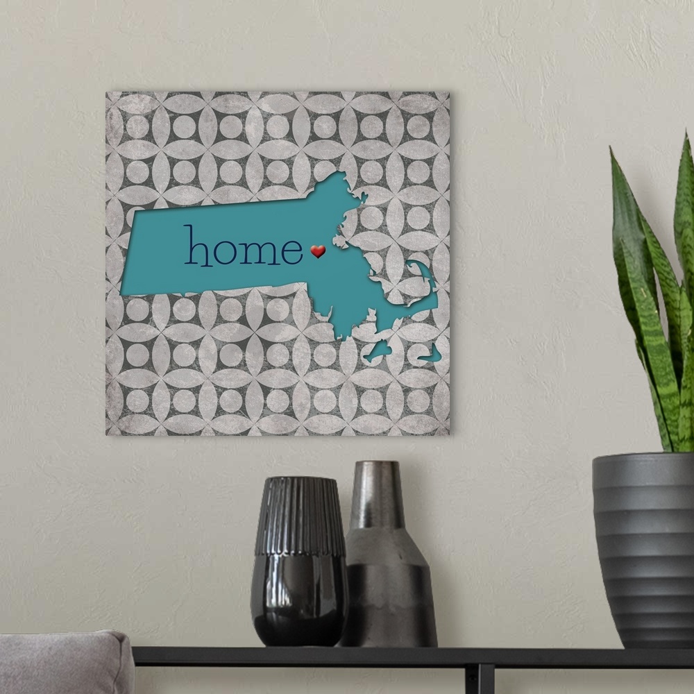 A modern room featuring Square decor with a blue outline of the state of Massachusetts with "home" written in the center ...