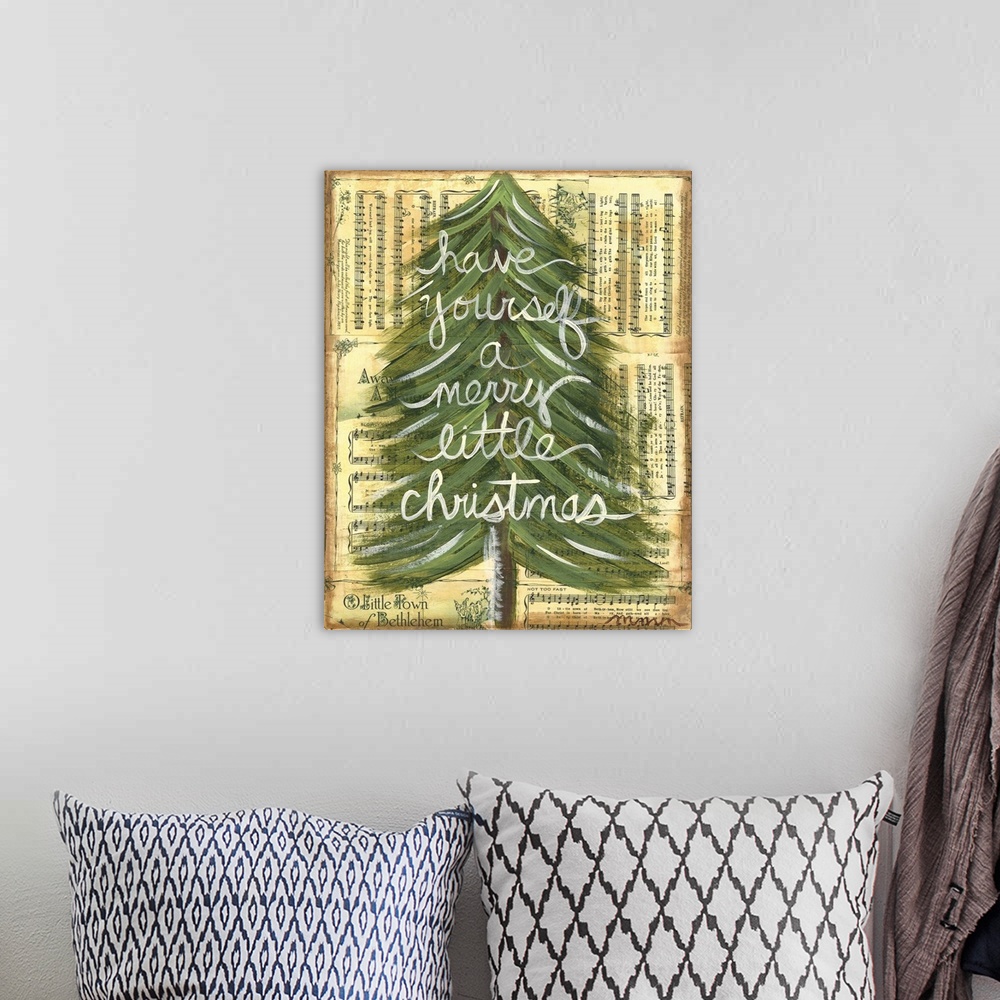 A bohemian room featuring "Have yourself a merry little Christmas" created with mixed media