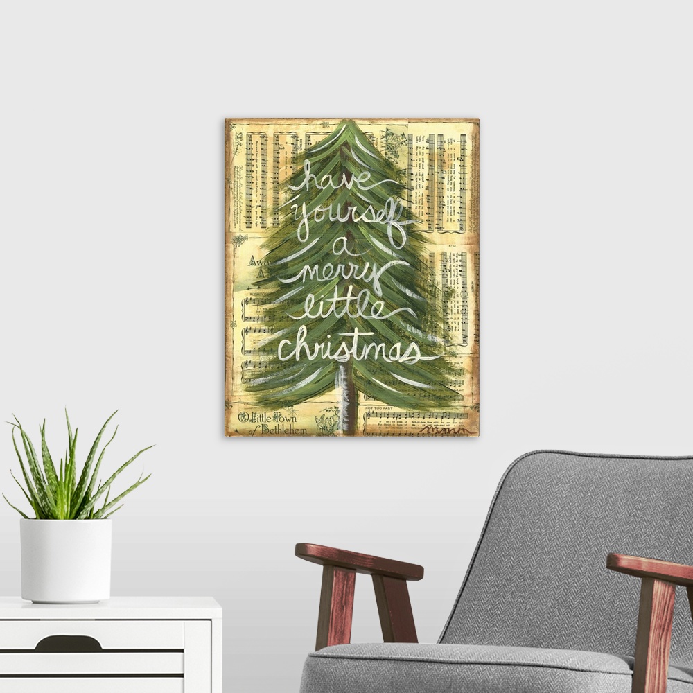 A modern room featuring "Have yourself a merry little Christmas" created with mixed media