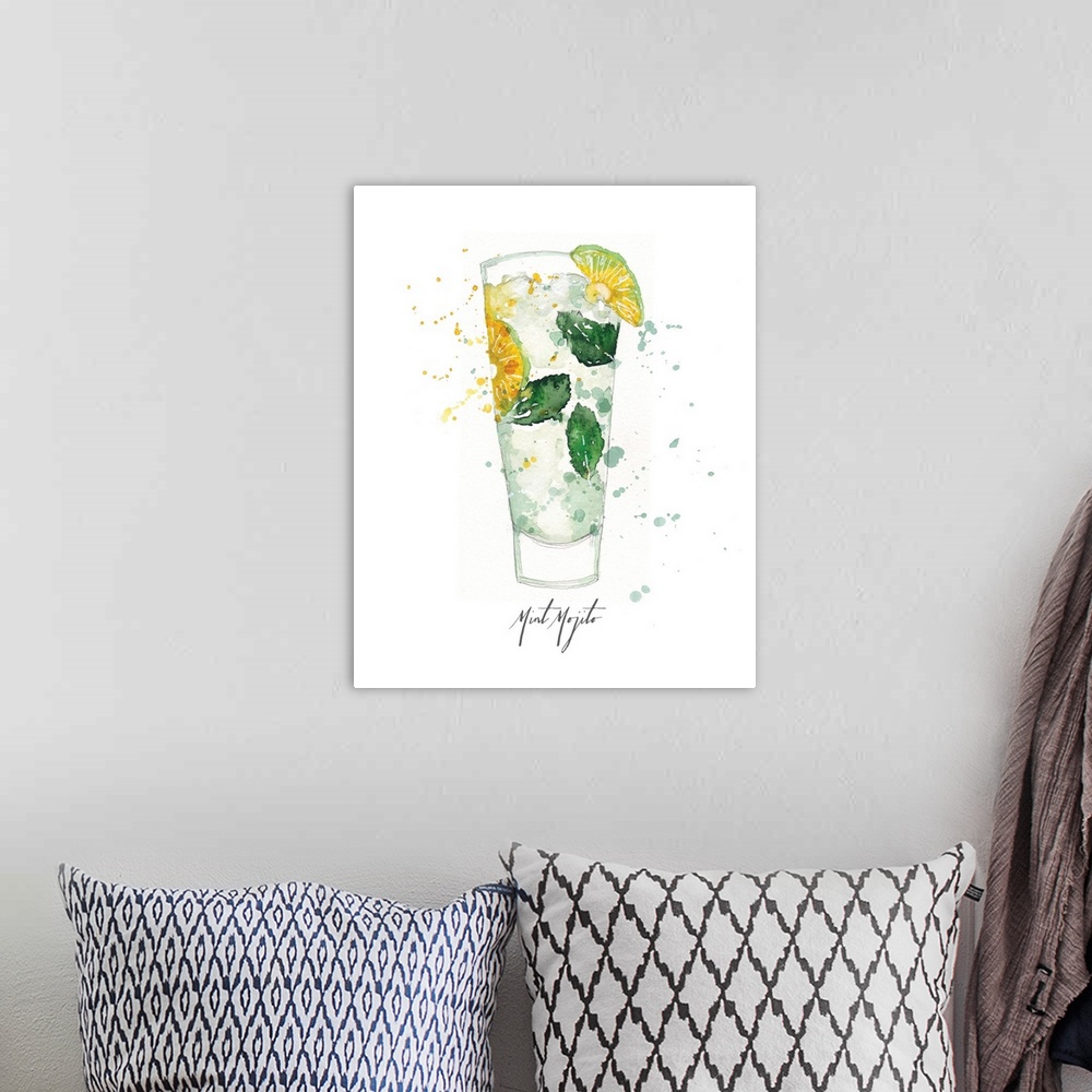 A bohemian room featuring Decorative cocktail watercolor painting of a mint mojito on a white background.