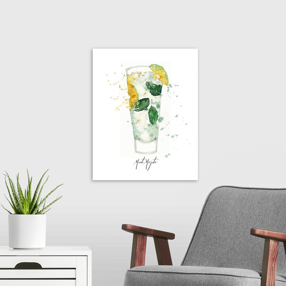 A modern room featuring Decorative cocktail watercolor painting of a mint mojito on a white background.