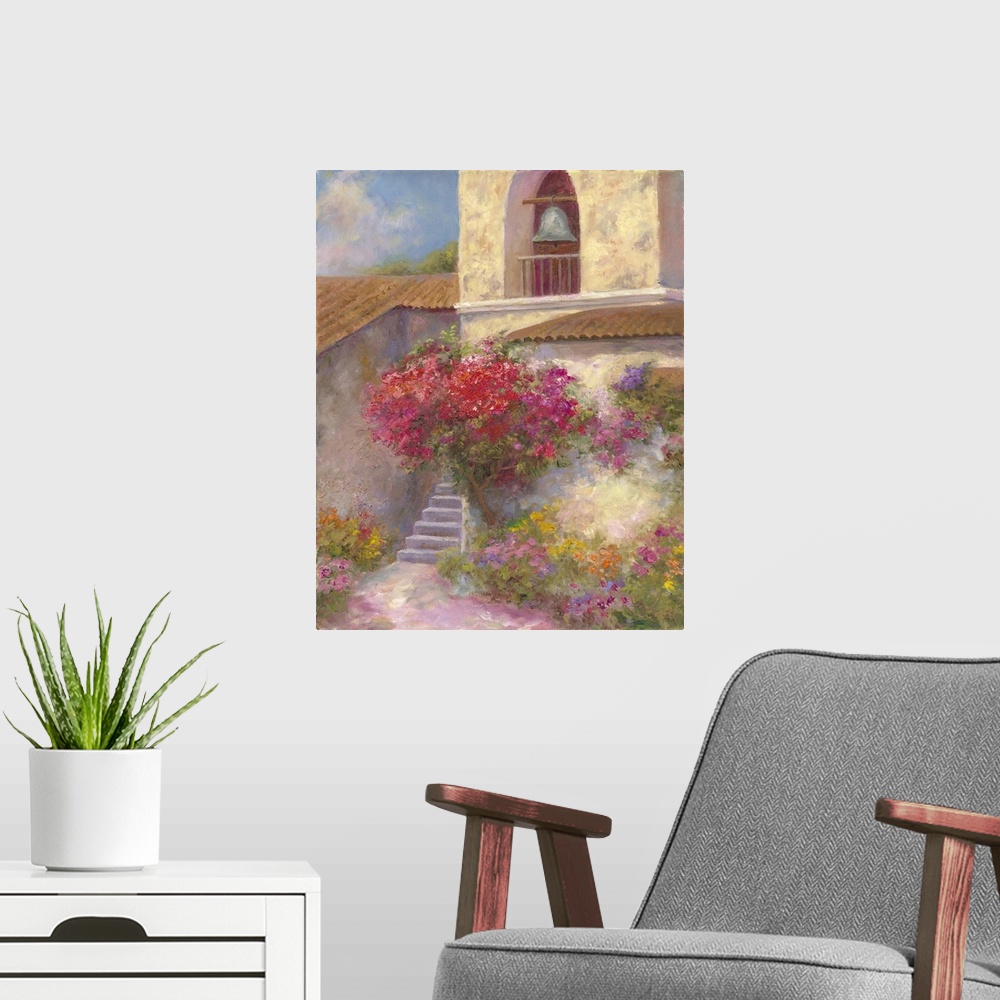 A modern room featuring Contemporary artwork of a bell in a church.