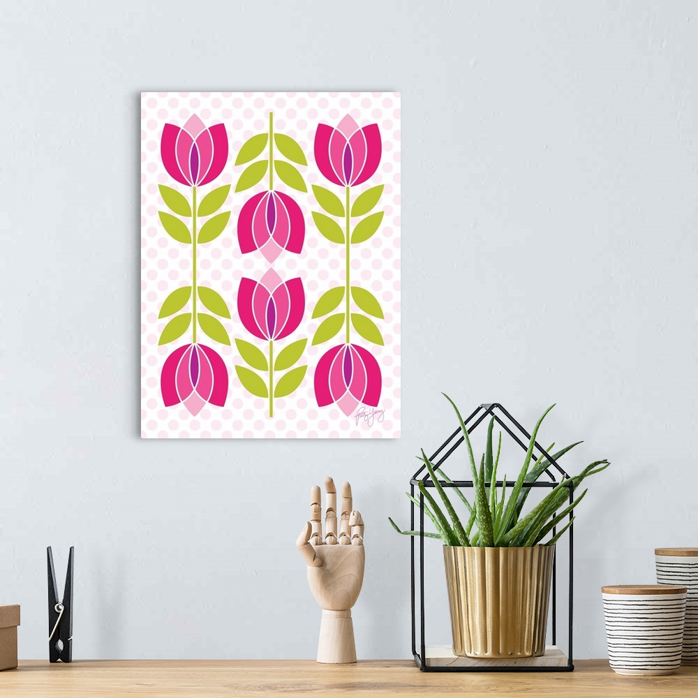 A bohemian room featuring Retro pink and purple tulips on a pink and white polka dot background.